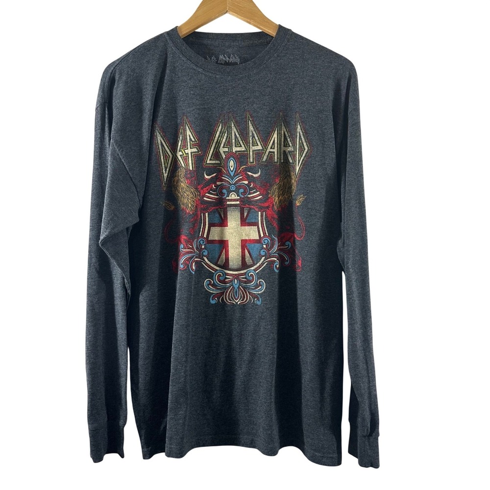Def Leppard Mens Long Sleeve‎ Graphic T-Shirt Charcoal Gray Crest Logo SM/MD